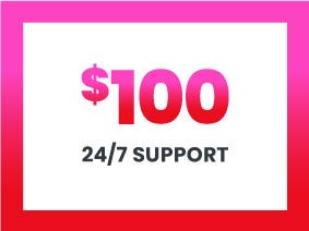 Bold graphic with '$100' and '24/7 support' on a pink-to-red gradient background.