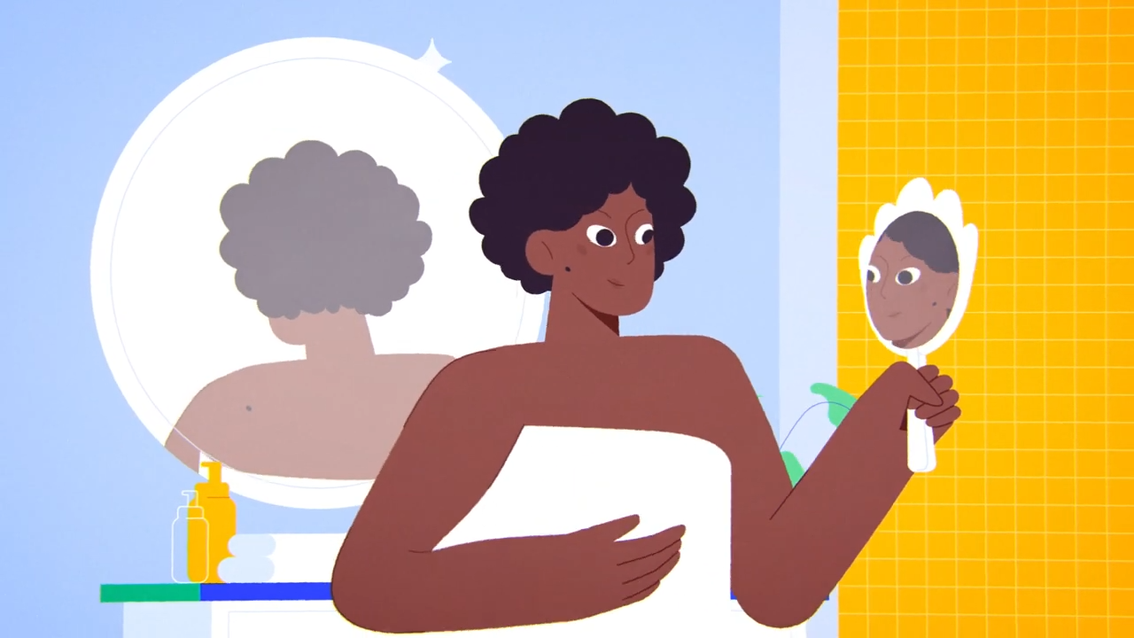 Animated video still showing a woman checking moles with a mirror.
