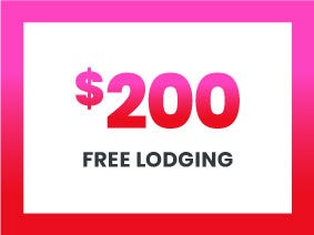 Bold graphic with '$200' and 'Free Lodging' on a pink-to-red gradient background.