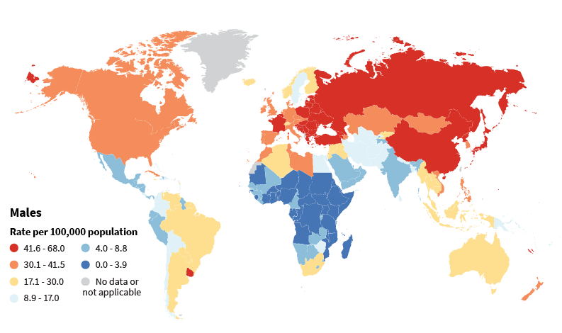 global map legend/key says Males Rate per 100,000 population US and Canada are orange