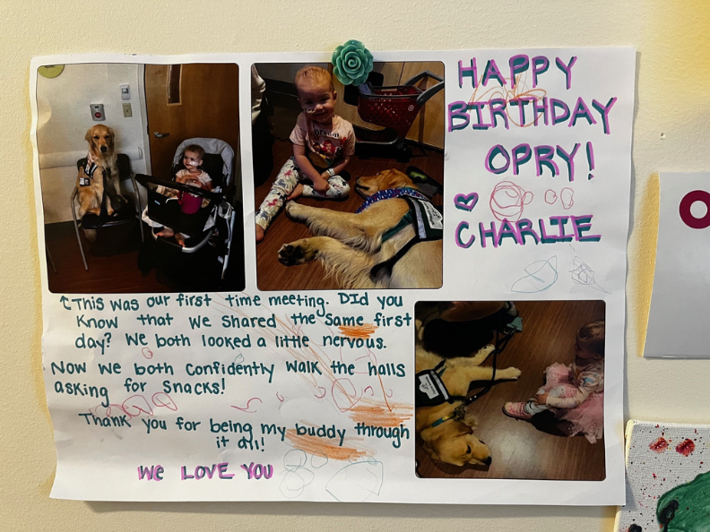 A birthday card featuring patient photos and text from a patient thanking a facility dog at Dana-Farber Cancer Institute