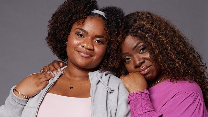 Two black women smiling and posing closely together against a gray background.