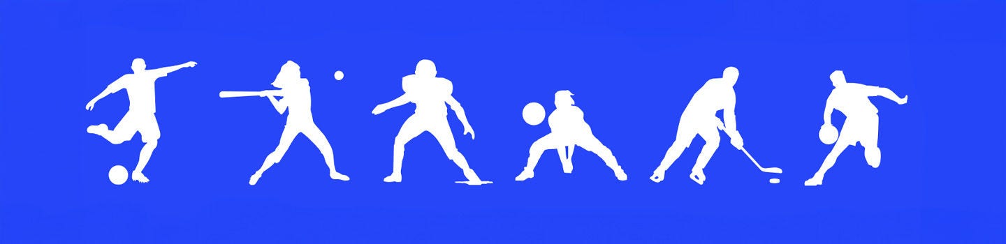 A blue banner with illustrations of people in sports actions