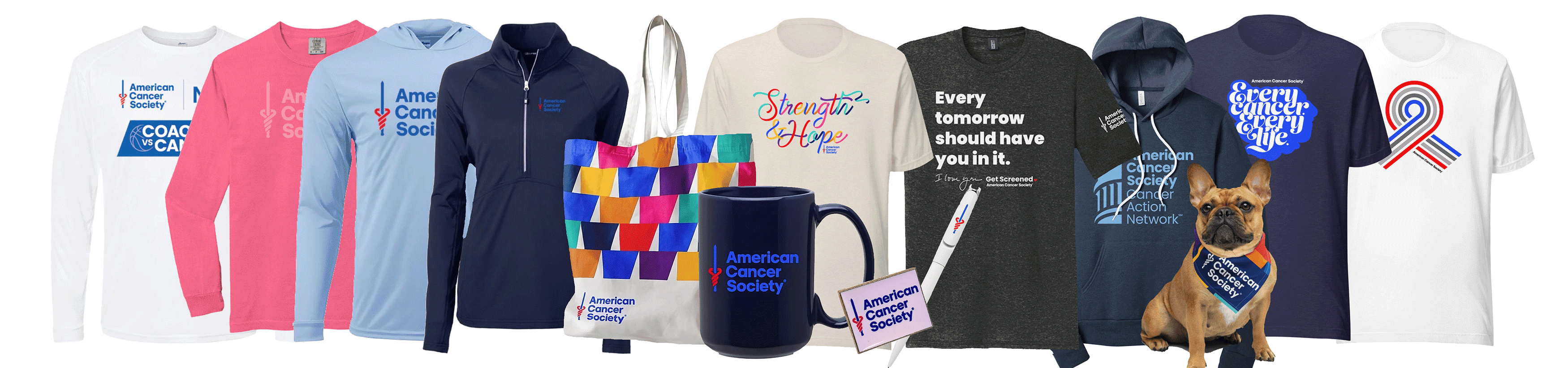 Collection of American Cancer Society branded merchandise including shirts, hoodies, mugs, and accessories