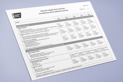 Worksheet listing side effects with checkboxes for level of severity each day.