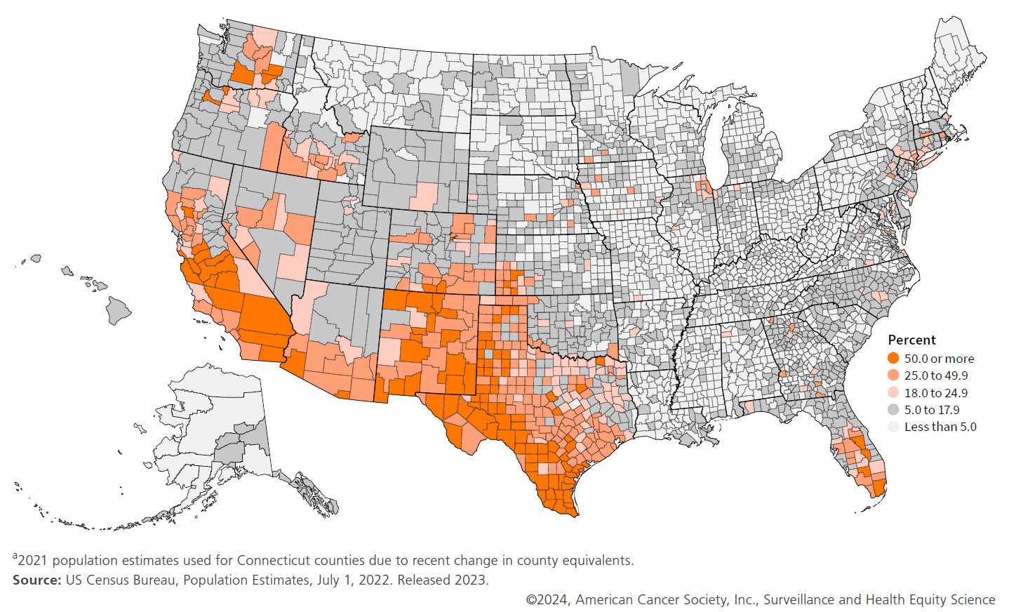 Hispanic Population Distribution as a Percent of the Total County Population Map 1438x872