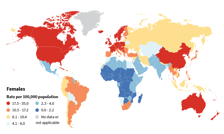 global map legend/key says Females Rate per 100,000 population US and Canada are red