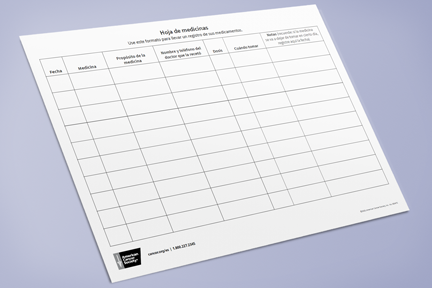 Form with spaces to fill out for medications, doses, when and why to take them, and who prescribed them. 