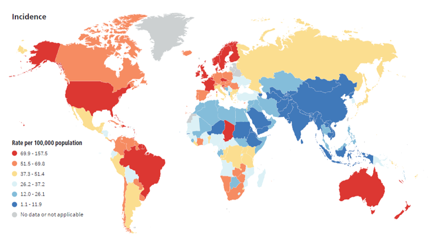 Differences in Prostate Cancer Incidence Rates Worldwide in Men, 2022, map for news story: "Cancer in Men: Prostate Cancer is #1 for 118 Countries Worldwide"