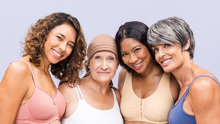 four women standing together while wearing intimates