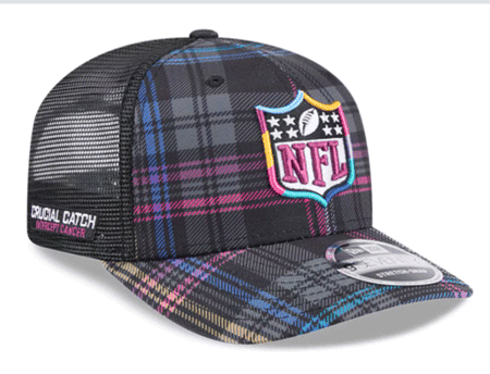 A plaid NFL hat featuring a colorful logo and the phrase "Crucial Catch.