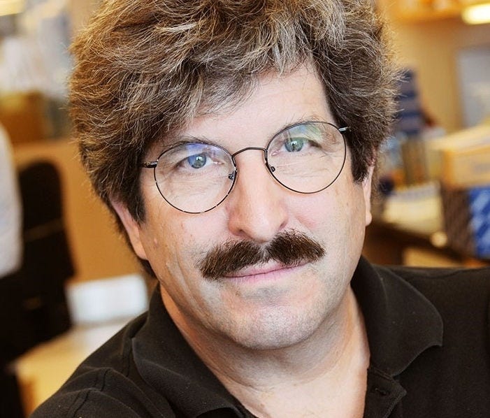 white man with round wire rim glasses, moustache, and v-neck collared brown shirt