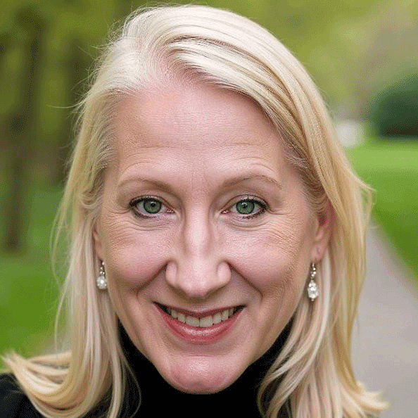 Headshot of a woman with blonde hair, smiling outdoors.