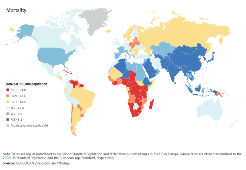 Differences in Prostate Cancer Death Rates Worldwide in Men, 2022, map for news story "Cancer in Men: Prostate Cancer is #1 for 118 Countries Worldwide"