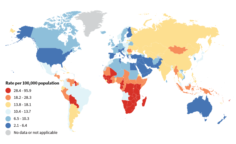 Chú giải/chìa khóa bản đồ thế giới cho biết tỷ lệ trên 100.000 người Màu hàng đầu là đỏ 28.4-95.9