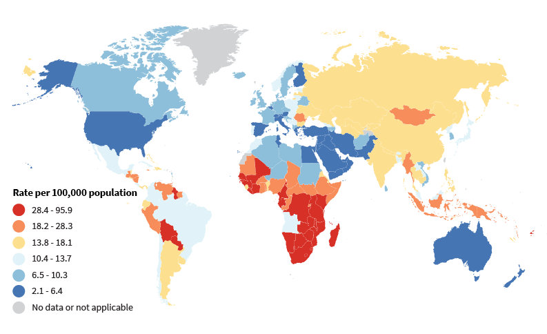 world map legend/key says rate per 100,000 people  top color is red 28.4-95.9