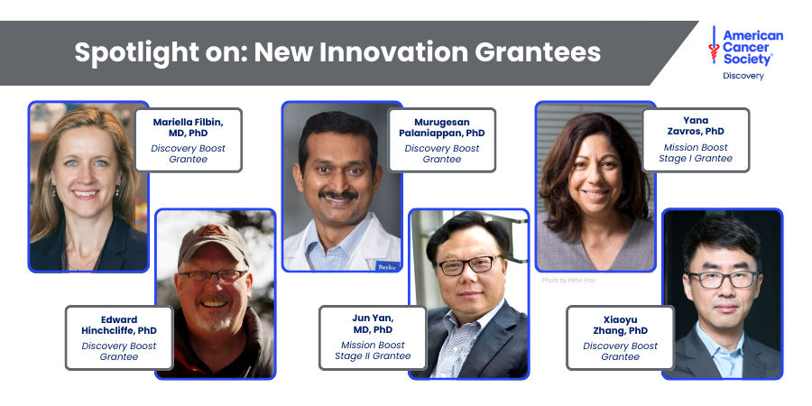 6 headshots with names Mariella Filbin, MD on left white woman red hair blue eyes and Xiaoyu Zhang, PhD on the right asian man with glasses and light blue shirt